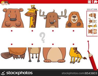 Cartoon illustration of educational game of matching halves of pictures with funny animal characters