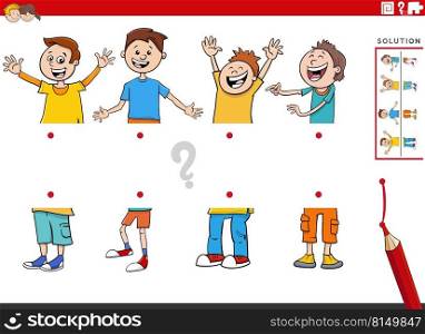 Cartoon illustration of educational game of matching halves of pictures with funny boys characters