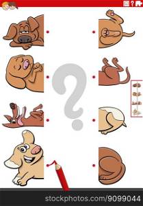 Cartoon illustration of educational game of matching halves of pictures with funny dogs animals characters