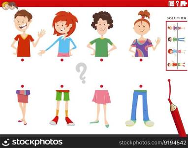 Cartoon illustration of educational game of matching halves of pictures with happy children or teens characters