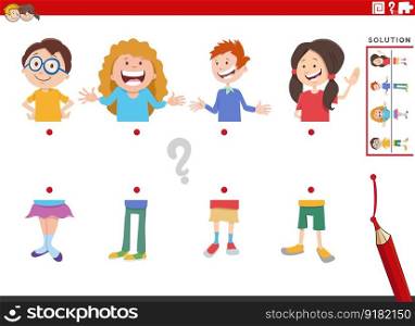 Cartoon illustration of educational game of matching halves of pictures with happy children characters