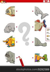 Cartoon illustration of educational game of matching halves of pictures with marine animals characters