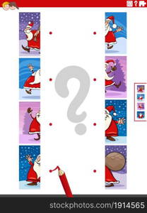 Cartoon illustration of educational game of matching halves of pictures with Santa Claus characters