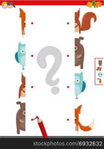 Cartoon Illustration of Educational Game of Matching Halves of Wild Animal Characters