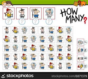 Cartoon Illustration of Educational How Many Counting Activity for Children with Professional Occupations