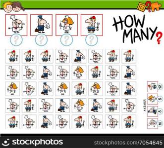 Cartoon Illustration of Educational How Many Counting Activity for Children with Professional People Characters
