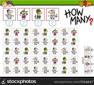 Cartoon Illustration of Educational How Many Counting Activity for Children with Professionals