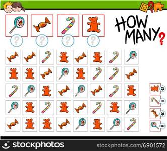 Cartoon Illustration of Educational How Many Counting Game for Children with Candy Sweets