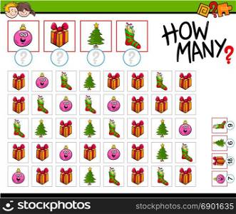 Cartoon Illustration of Educational How Many Counting Game for Children with Christmas Holiday Objects