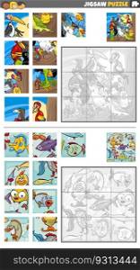 Cartoon illustration of educational jigsaw puzzle activities set with animal characters group