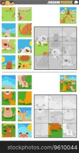 Cartoon illustration of educational jigsaw puzzle activities set with dogs animal characters