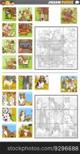 Cartoon illustration of educational jigsaw puzzle activities set with dogs animal characters group