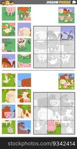 Cartoon illustration of educational jigsaw puzzle activities set with farm animal characters group