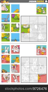 Cartoon illustration of educational jigsaw puzzle activities set with Funny rabbits and chicks Easter characters