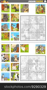 Cartoon illustration of educational jigsaw puzzle activities set with purebred dogs animal characters group