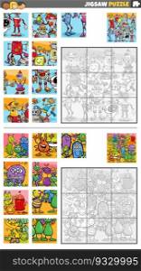 Cartoon illustration of educational jigsaw puzzle activities set with robots and aliens or monsters characters group