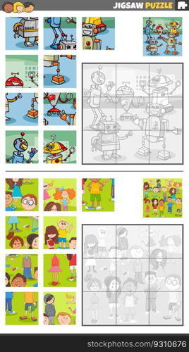 Cartoon illustration of educational jigsaw puzzle activities set with robots and children characters