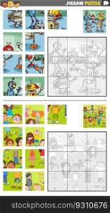 Cartoon illustration of educational jigsaw puzzle activities set with robots and children characters