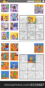 Cartoon illustration of educational jigsaw puzzle activities set with robots characters group
