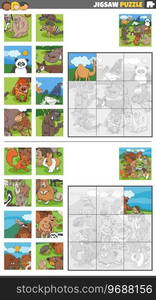 Cartoon illustration of educational jigsaw puzzle activities set with wild animal characters