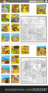 Cartoon illustration of educational jigsaw puzzle activities set with wild animal characters group