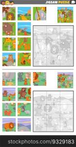 Cartoon illustration of educational jigsaw puzzle activities set with wild animal characters group