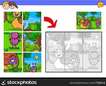 Cartoon Illustration of Educational Jigsaw Puzzle Activity Game for Children with Snail and Ant Animal Characters