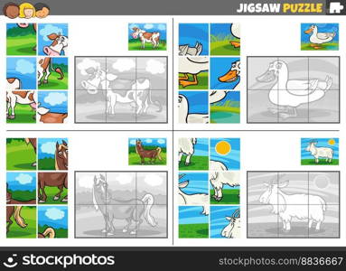 Cartoon illustration of educational jigsaw puzzle activity set with funny animal characters