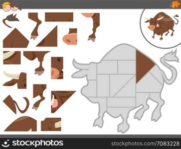Cartoon Illustration of Educational Jigsaw Puzzle Game for Children with Bull Farm Animal Character