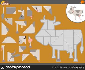 Cartoon Illustration of Educational Jigsaw Puzzle Game for Children with Cow Animal Character