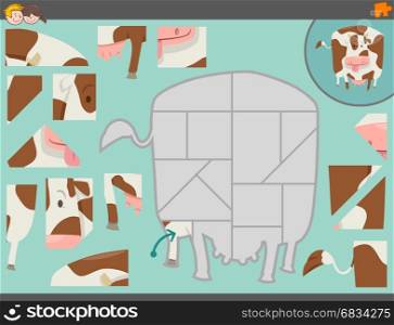 Cartoon Illustration of Educational Jigsaw Puzzle Game for Children with Cow Farm Animal Character
