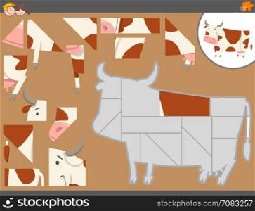 Cartoon Illustration of Educational Jigsaw Puzzle Game for Children with Cow Farm Animal Character
