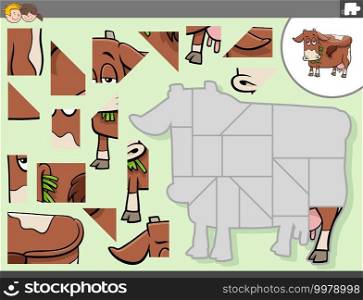 Cartoon illustration of educational jigsaw puzzle game for children with cow farm animal character