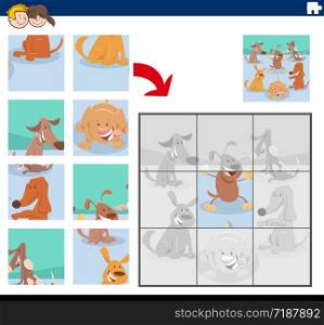 Cartoon Illustration of Educational Jigsaw Puzzle Game for Children with Cute Dogs Animal Characters Group