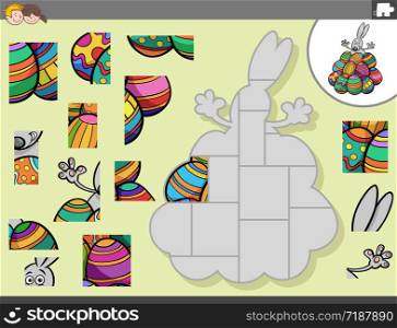 Cartoon Illustration of Educational Jigsaw Puzzle Game for Children with Easter Bunny Character with Easter Eggs