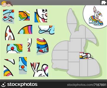Cartoon Illustration of Educational Jigsaw Puzzle Game for Children with Easter Bunny Character