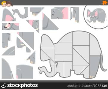 Cartoon Illustration of Educational Jigsaw Puzzle Game for Children with Elephant Animal Character