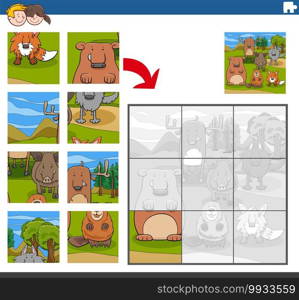 Cartoon illustration of educational jigsaw puzzle game for children with funny animal characters group
