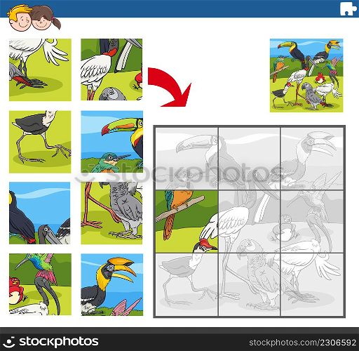 Cartoon illustration of educational jigsaw puzzle game for children with funny birds animal characters