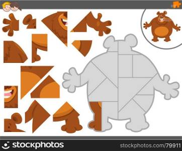 Cartoon Illustration of Educational Jigsaw Puzzle Game for Children with Funny Brown Bear Animal Character