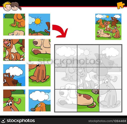 Cartoon Illustration of Educational Jigsaw Puzzle Game for Children with Funny Dogs Animal Characters Group