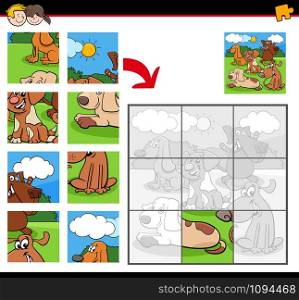 Cartoon Illustration of Educational Jigsaw Puzzle Game for Children with Funny Dogs Animal Characters Group