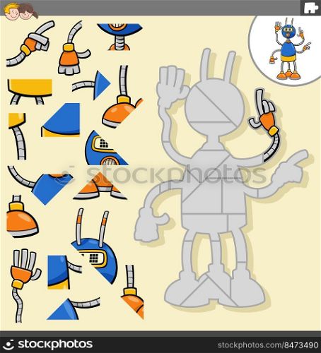 Cartoon illustration of educational jigsaw puzzle game for children with funny robot character