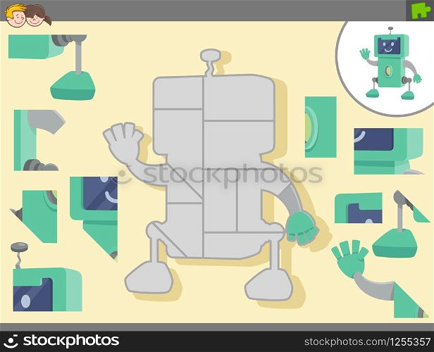 Cartoon Illustration of Educational Jigsaw Puzzle Game for Children with Funny Robot Fantasy Character