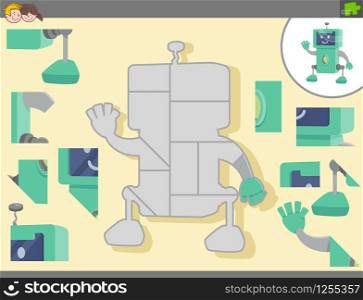 Cartoon Illustration of Educational Jigsaw Puzzle Game for Children with Funny Robot Fantasy Character