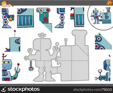 Cartoon Illustration of Educational Jigsaw Puzzle Game for Children with Funny Robots Fantasy Characters