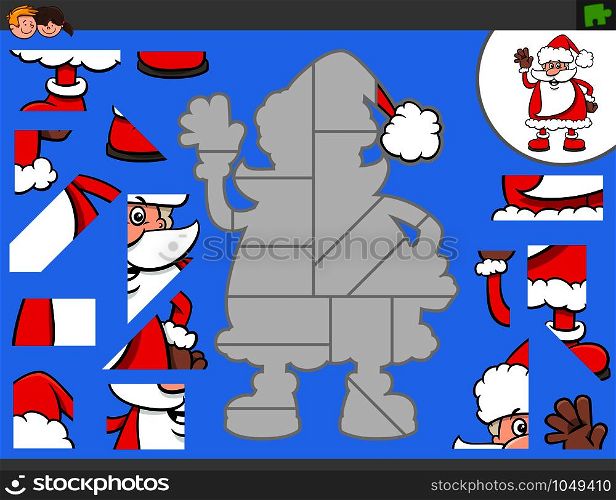 Cartoon Illustration of Educational Jigsaw Puzzle Game for Children with Funny Santa Claus Christmas Holiday Character