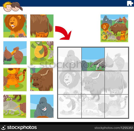 Cartoon Illustration of Educational Jigsaw Puzzle Game for Children with Funny Wild Animals Comic Characters Group