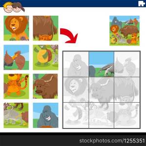 Cartoon Illustration of Educational Jigsaw Puzzle Game for Children with Funny Wild Animals Comic Characters Group