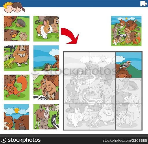 Cartoon illustration of educational jigsaw puzzle game for children with funny wild animal characters